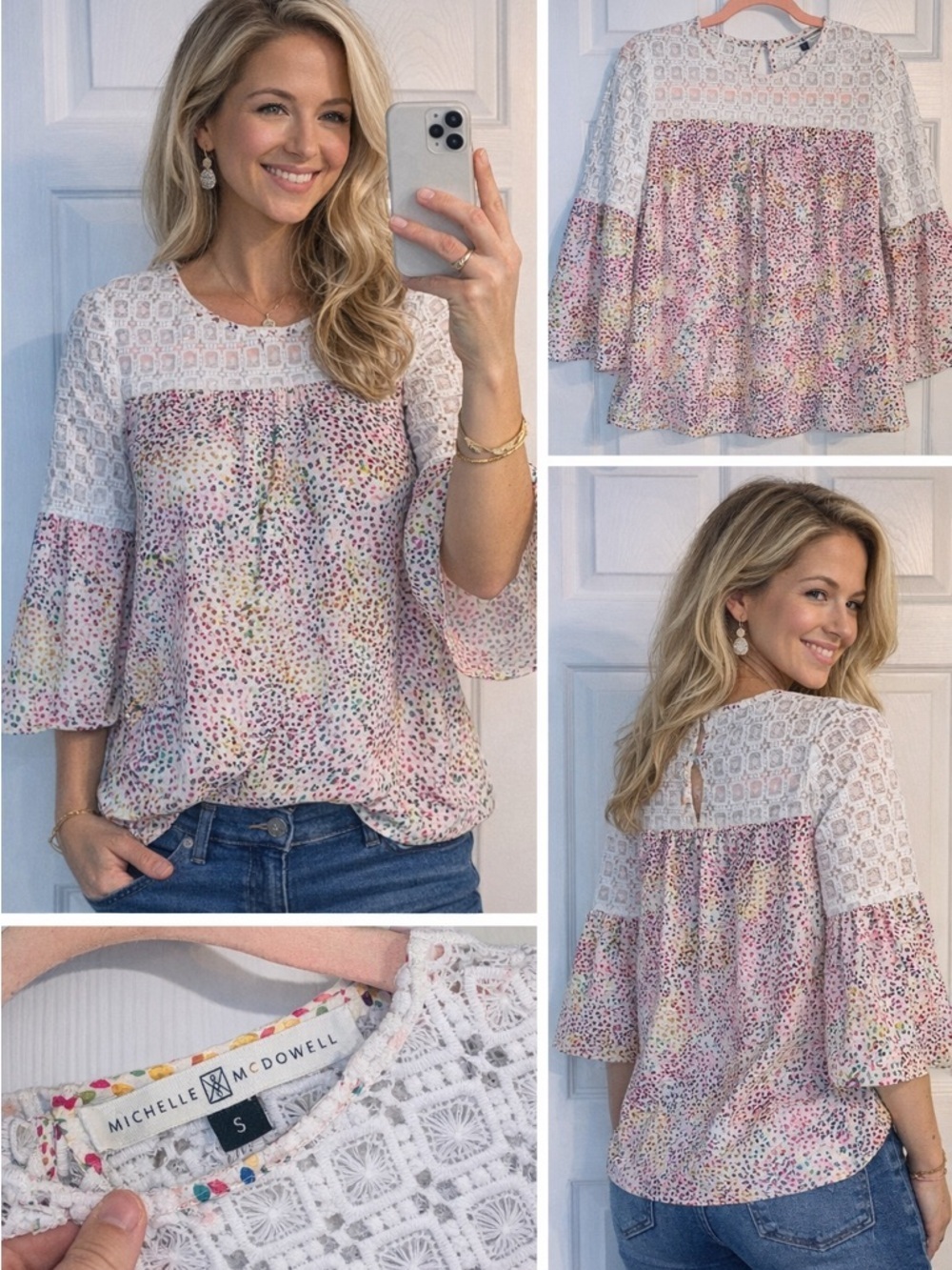 Lace Yoke Floral Dot Peasant Blouse in Pink and White